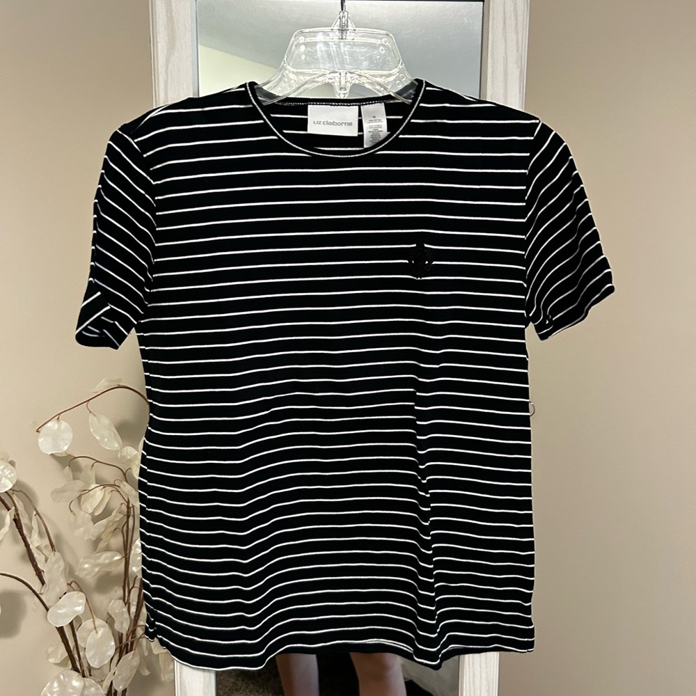 Liz Claiborne Black and White Striped Short Sleeve Tee